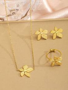 3pcs/Set Beautiful Fashion Popular Gold Stainless Steel Chain Five-Petal Flower Pendant Necklace Stud Earrings & Ring Set For Girls As Daily Wear Jewelry Accessory Gift Matching All Season - Gold - View 2