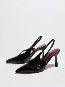 女士尖头细高跟绑带蛇纹图案优雅时尚日常及派对高跟鞋 - 黑色 - 查看 4