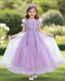 Flower Girls Maxi Dress Bridesmaid Wedding Pageant Party Princess Communion Floral Boho Vintage Lace Dance Gown - 紫丁香色 - 查看 3