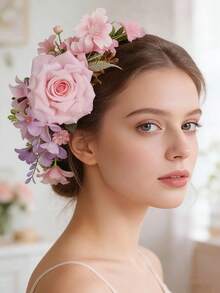 1 pieza Clip para el cabello con estilo bohemio y diseño floral, tocado decorativo para viajes y vacaciones, peineta, peineta lateral, verano, vacaciones - Rosa - Ver 1