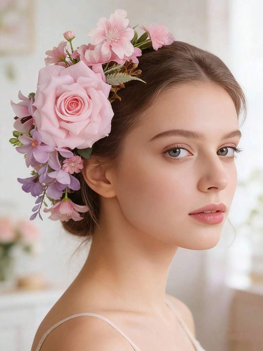 1 pieza Clip para el cabello con estilo bohemio y diseño floral, tocado decorativo para viajes y vacaciones, peineta, peineta lateral, verano, vacaciones - Rosa - Ver 1