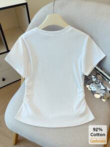 夏季字母印花短袖T恤，侧边褶皱设计，复古时尚露脐上衣，独特潮流款式 - 白色 - 查看 6