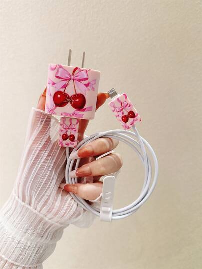 4pcs Cherry Bow Pink Charger Protector Case, Data Cable Organizer Set - 20W/18W Power Adapter, Adapter Cover, Compatible With IPhone 11/12/13/14/15/16/17 Pro Max Nano Cable Protector Charger Accessories, Couple Phone Accessories