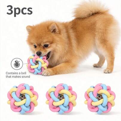 3pcs Pet Woven Bell Ball Toys, Colorful Rubber Chew Teeth Cleaning Interactive Bite Toys Suitable For Puppies & Kittens