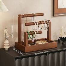 1pc Wooden Jewelry Organizer Rack With 3-Tier Rods And Tray | For Necklaces, Bracelets, Rings Storage, Suitable For Vanity, Closet, Bedroom | Vintage Style Home Decor For Women And Girls - Multicolor - View 15