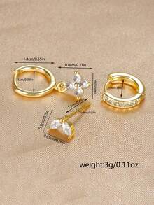 Bộ 3 khuyên tai nữ, khuyên tai vòng hình hoa may mắn bằng đồng đính đá Cubic Zirconia, kiểu dáng cơ bản hàng ngày, thích hợp làm quà tặng sinh nhật. - Vàng - Xem 4