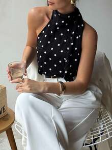 QUNGIGU Women's Polka Dot Sleeveless High Collar Chiffon Blouse, Elegant Flowy Casual Business Office Top For Summer - Black - View 5
