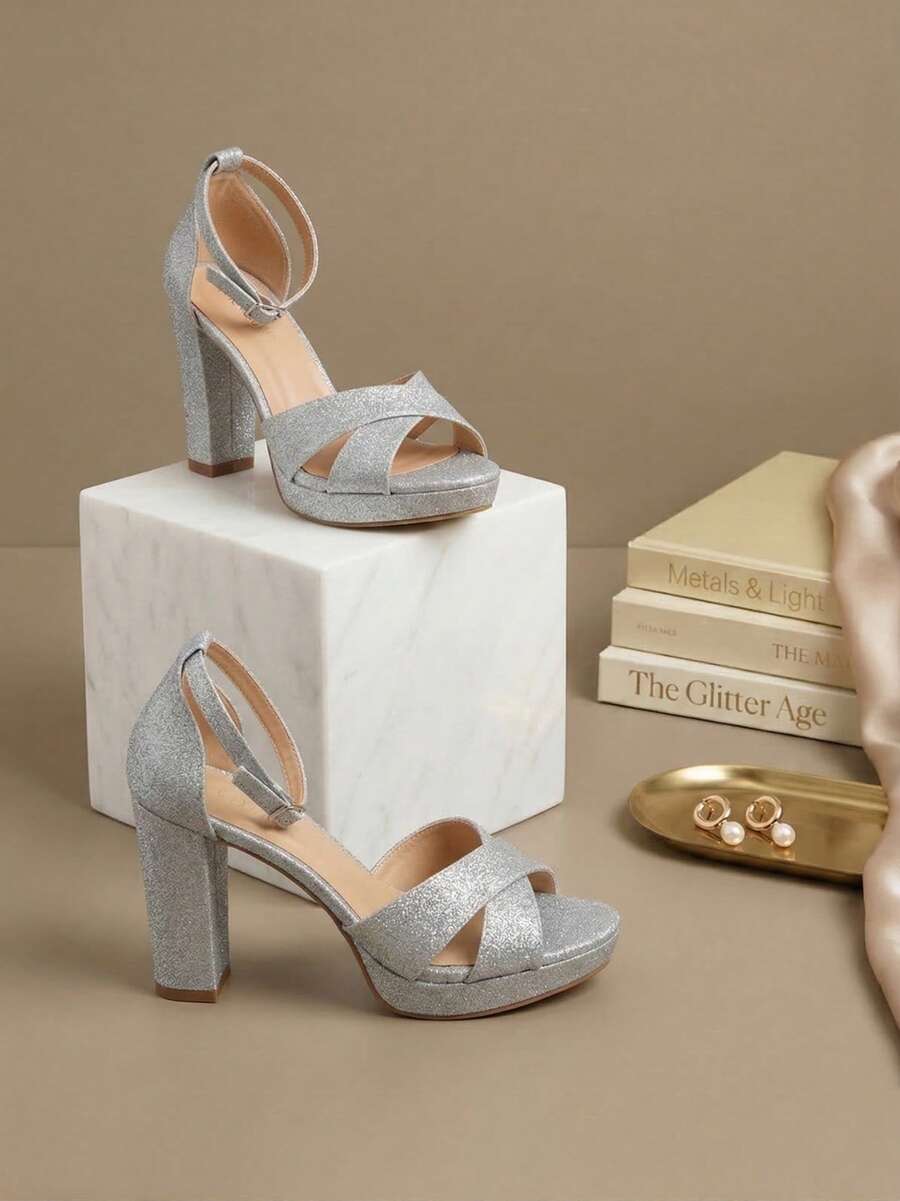 Women's Glitter Chunky Heel Sandals, Open Toe Crisscross Strap Party Shoes, Elegant Block Heel Footwear For Wedding And Party. - 銀色 - 查看 1