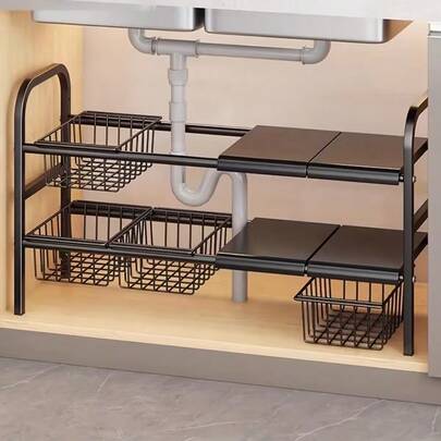 رفوف سلال، طقم سلال قابلة للسحب ذات طبقتين لتخزين تحت الحوض - سلال قابلة للإزالة رف معدني للخزانة، منظم متعدد الوظائف موفر للمساحة باللون الأسود للمطبخ والحمام