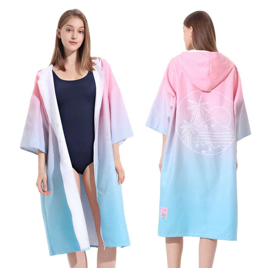 Pahajim Changing Robe With Hood Poncho Towel Adult Quick Dry Microfibre Dry Robe With Zip Oversized For Swim, Surf, Swimming, Beach - Pink - View 1