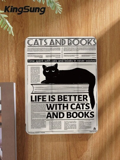 Kingsung 旧报纸图案黑猫平板电脑保护套，兼容 iPad 9.7/10.2/10.5/10.9/12.9/Pro 11（第十代），兼容三星 Galaxy Tab S6 Lite 10.4 英寸，兼容 Kindle Paperwhite（第十二代，2024 年款），Kindle（第十一代，2022 年款），Kobo Clara Color，柔软防摔，智能支架/自动唤醒/睡眠功能