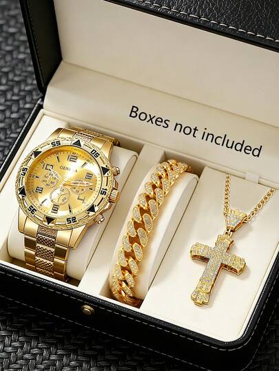 Set de 3 piezas Reloj de hombre de lujo con esfera de números romanos, emparejado con colgante de cruz a juego y pulsera de eslabones cubanos, accesorios esenciales para eventos de negocios, ocasiones formales, adecuado como regalo para el Día de San Valentín, Día del Padre, uso diario