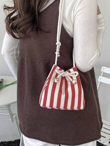1pc Mini Striped Drawstring Detail Wallet, Summer Beach Pouch, Beach Essential, Beach Accessories, Beach Bag And Summer Necessity - Red - View 2