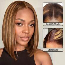棕金色钢琴音色长直发假发 13x4 高清蕾丝前假发 耐热合成混纺人发假发 预拔毛自然发际线 短款波波头直发 - S4/27 - 查看 5