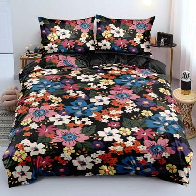 2/3pcs 3D Print Black Base Colorful Pop Floral Duvet Cover Set Black Background Flat Design Pink Purple Magenta Blue Orange Yellow Daisy Poppy Solid Color Block Green Leaf Pattern Bedding Set Vibrant Pop Art Calm Comforter Cover Set (Size 135x200 Only 1 Pillowcase)