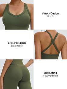 NcmRyu 1 Set Donna Canotta con Spalline Sottili e Schiena Scoperta, Incrocio Frontale e Pantaloni a Zampa Sportivi - Verde militare - Visualizzare 4