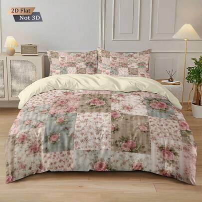 三件套花卉床上用品（1个被套+2个枕套，不含枕芯），复古乡村风粉色花卉数码印花套装，柔软亲肤，四季皆宜。时尚简约高端，度假必备。拉链封口，可机洗，非常适合酒店、卧室、房间、宿舍装饰，也是馈赠佳品。