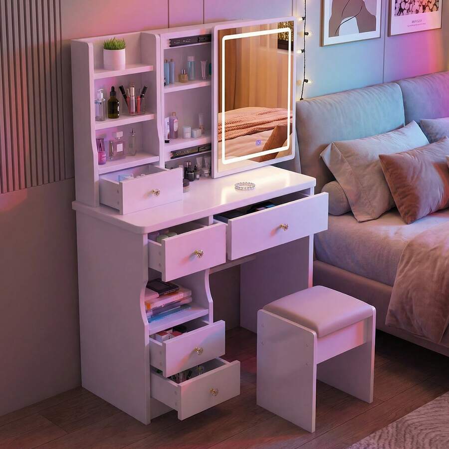 Vanity Desk With Sliding Mirror And Lights, 3 Color Lighting Modes Brightness Adjustable, Makeup Vanity Set With Drawers, Stool And Open Shelves, Dressing Table For Bedroom - View 1