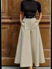 Women's Solid Color Pleated Pocket Wide Leg Loose Casual Pants Black Spring - Apricot - View 2