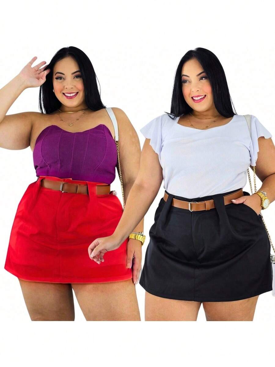 Short Skirt Plus Size Tailored With Belt Various Colors Summer - KIT 2 BLACK/RED - View 1