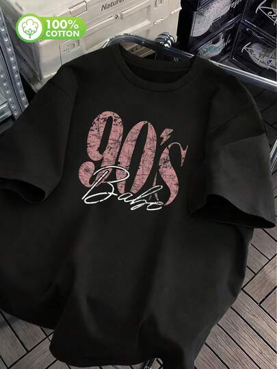 女士90年代复古印花T恤 - 复古大字母图案休闲短袖圆领水洗上衣，适合所有季节，可机洗，舒适宽松，设计独特，纯棉面料，适合日常穿着，街头风格，100%纯棉