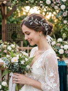 1pc Elegant Handmade Pearl & Rhinestone Bridal Headband, Silver Leaf Vine Wedding Hair Accessory, Bridesmaid Party Headpiece - Multicolor - View 2