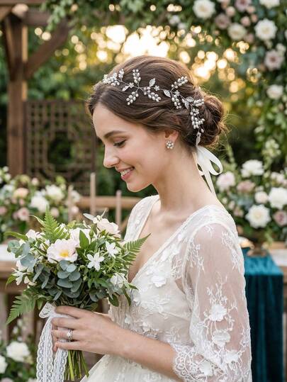 1件优雅手工珍珠水钻新娘头饰，银叶藤蔓婚礼发饰，伴娘派对头饰