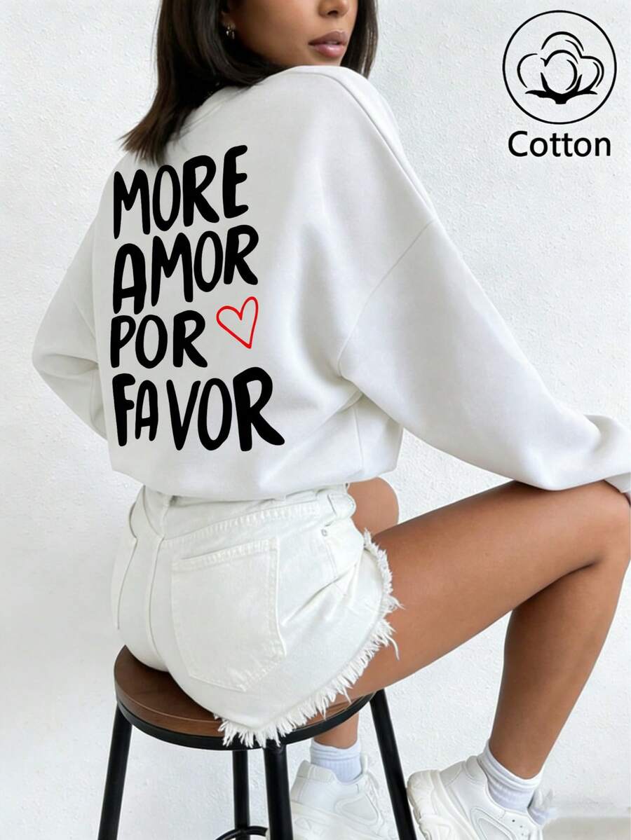 MORE LOVE PLEASE Warm And Comfortable Fleece Lined Sweatshirt With Heart & Letter Design, Soft And Skin-Friendly, Ideal For Casual Outings Or Lounging At Home. This Oversized White Crew Neck Sweatshirt For Women Is Suitable For Spring, Autumn And Winter, With Cartoon Print For A Casual Chic Look. - White - View 1