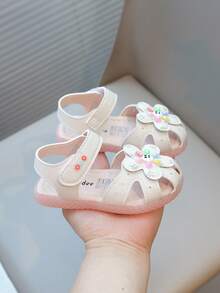 夏季新款女童凉鞋，可爱装饰设计，软底防滑，轻便舒适，适合小女孩的沙滩凉鞋 - 米色 - 查看 4