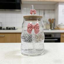 Cốc thủy tinh nơ Kawaii - Cốc uống nước thân lượn sóng dễ thương có ống hút và nắp đậy. - Hồng - Xem 8