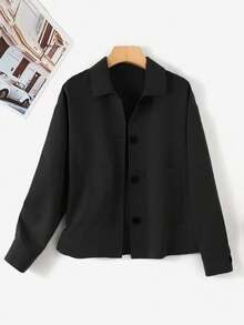 Women's Solid Color Front Button Elegant Office Jacket, Minimalist Fashion Single-Breasted, Spring/Autumn Black - Black - View 4