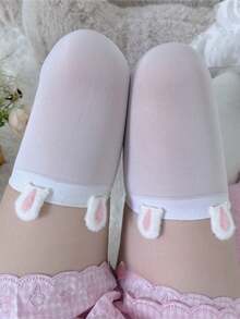 1 Pair White Thigh High Socks With Cute Rabbit Ears, Sweet Lolita JK Style Long Stockings For Women - White - View 7