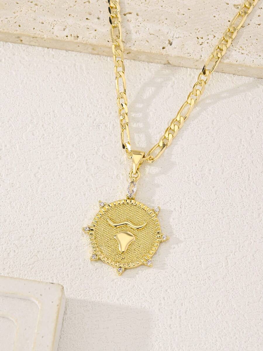 1pc Diligent Taurus Zodiac Pendant Necklace Set, Cubic Zirconia Inlaid Pendant, Suitable For Women & Men, Versatile Wear For Summer, Beach, Easter Gift, Self-Wear - Yellow Gold - View 1