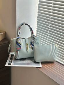 2pcs Spring New Fashion PU Leather Lizard Pattern 2-Piece Bag Set, Minimalist Chic Commuter Handbag With Scarf Decor, Suitable For Women And Girls, Essential For Work - Baby Blue - View 3