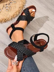 2026 New Women's Flat Sandals, Woven Strap, Vacation, Bohemian Style, Black Slides, Beach Shoes - Black - View 2