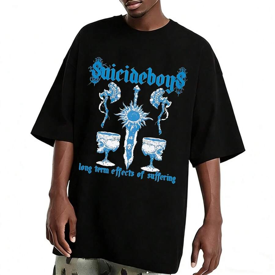 Vintage Uicideboys Long Term Effects Of Suffering Graphic Tee, Retro Underground Hip Hop Oversized T-Shirt - 黑色 - 查看 1