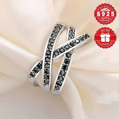 1pc S925 Sterling Silver Ring, Black Synthetic Zirconia Line Design, Unisex, Suitable For Daily And Business Occasions, Great Gift For Mother's Day/Christmas/Valentine's Day/Birthday, Comes With Gift Box