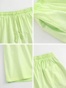 Casual Green Baggy Short Sleeve Glitter T-Shirt For Women With Round Neck - 螢光綠褲子 - 查看 2