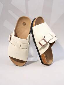 Minimalist Korean Style One-Strap Slide Sandals, Off-White Soft Cork Sole, Versatile Summer Shoes (Sole/Insole Color Random) - Beige - View 6
