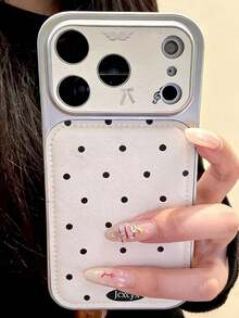 可爱简约白色波点蝴蝶结翅膀摄像头保护手机壳，兼容 17 Pro Max、17 Pro、17、16 Pro Max、16 Pro、16、15 Pro Max、15 Pro Max、15 Pro、15、14 Pro Max、14 Pro、14，时尚仿皮全包式防震手机壳 - 波點小翅膀 - 查看 1