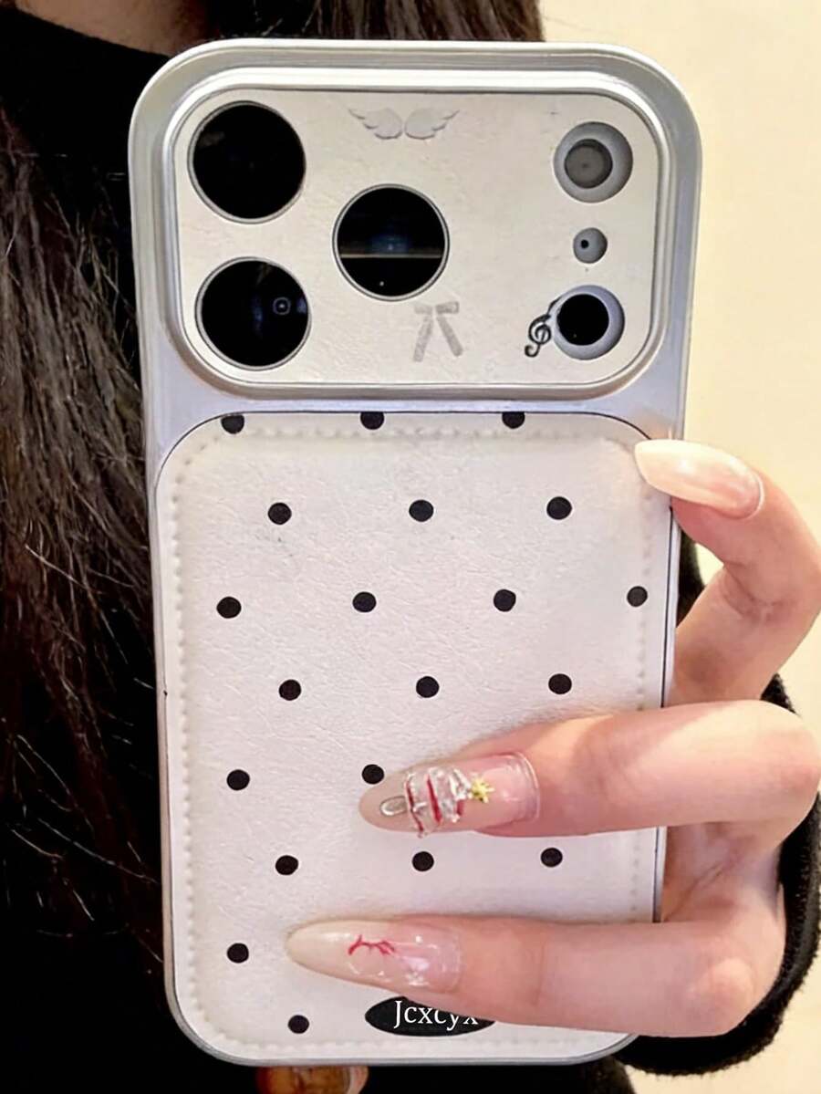可爱简约白色波点蝴蝶结翅膀摄像头保护手机壳，兼容 17 Pro Max、17 Pro、17、16 Pro Max、16 Pro、16、15 Pro Max、15 Pro Max、15 Pro、15、14 Pro Max、14 Pro、14，时尚仿皮全包式防震手机壳 - 波點小翅膀 - 查看 1