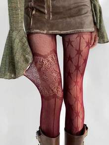 1件灰色蕾丝连裤袜，细网星形渔网袜，镂空蕾丝连裤袜 - 彩色 - 查看 1