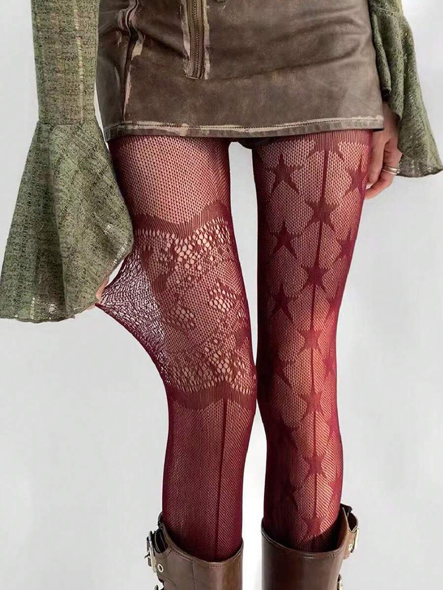 1件灰色蕾丝连裤袜，细网星形渔网袜，镂空蕾丝连裤袜 - 彩色 - 查看 1