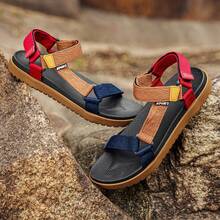 Sandalias casuales de hombre con tela de color contrastante y cierre de gancho y bucle, para uso en exteriores en verano - Marrón - Ver 2