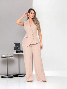 New Tailored Set Consisting Of Vest And Wide-Leg Trousers C6608 - 米色 - 查看 1