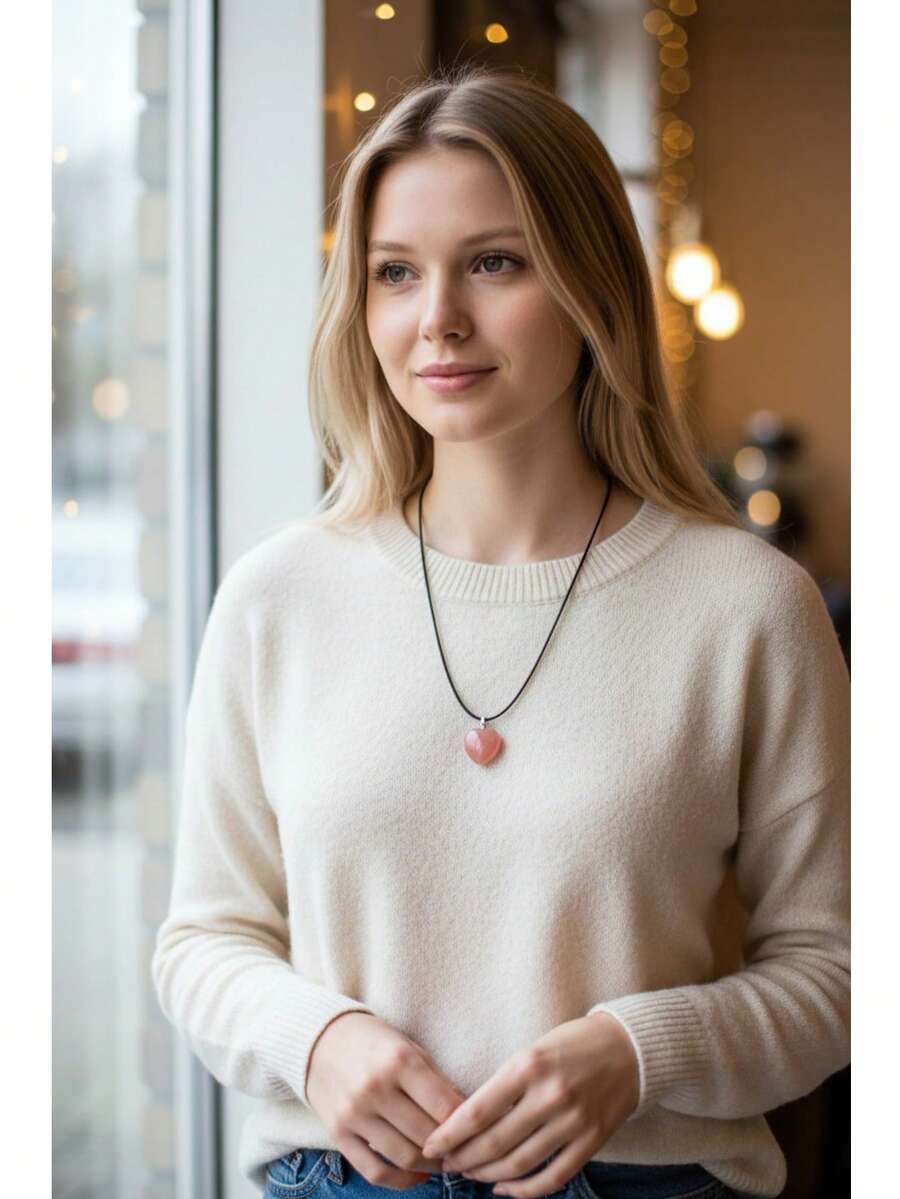 3 Dije Corazon de Cuarzo Rosa 2.5 cm + Collar Textil Energia Amor y Armonia - Rosado Sandía - Ver 1