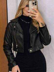 Stylish Women's Faux Leather Jacket With Zipper Details – A Modern And Versatile Piece For São João 2026 - 黑色 - 查看 1