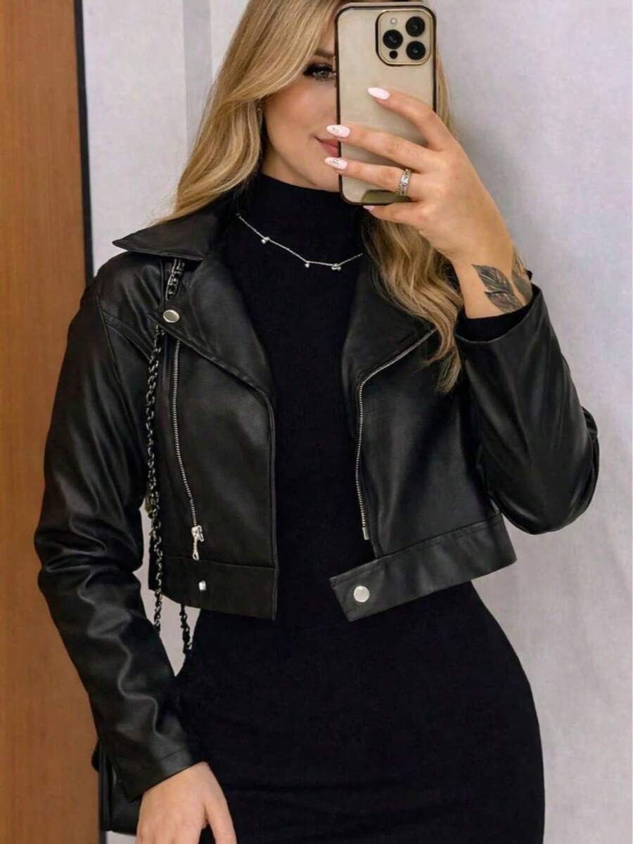 Stylish Women's Faux Leather Jacket With Zipper Details – A Modern And Versatile Piece For São João 2026 - 黑色 - 查看 1