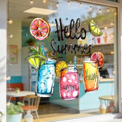 1/2 piezas "Hola Verano" Pegatina de ventana con bebidas tropicales y frutas, pegatina de ventana reutilizable de PVC con electricidad estática visible por ambos lados, adecuada para tiendas, dormitorios, cocinas, salas de estar y decoración del hogar.