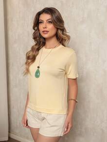 Dellamarca Women's Short Sleeve Blouse. Comes With A Complimentary Necklace. Comfortable Fabric. - 糖果黃 - 查看 7